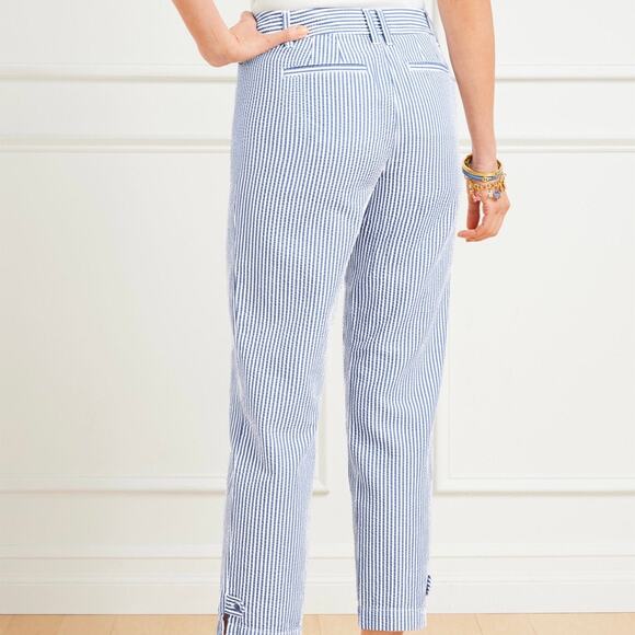 Talbots Perfect Crops Pant - Sunshine Seersucker Blue & White Striped Size 8P - Picture 2 of 11